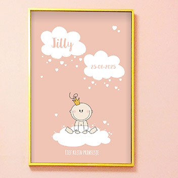 Aanpasbare babykamer poster met een schattig prinsesje in de wolken met hartjes