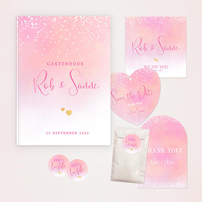 Romantic Pink Dreams trouwhuisstijl met een gastenboek, trouwkaart, Save the date kaart, happy tears zakje.