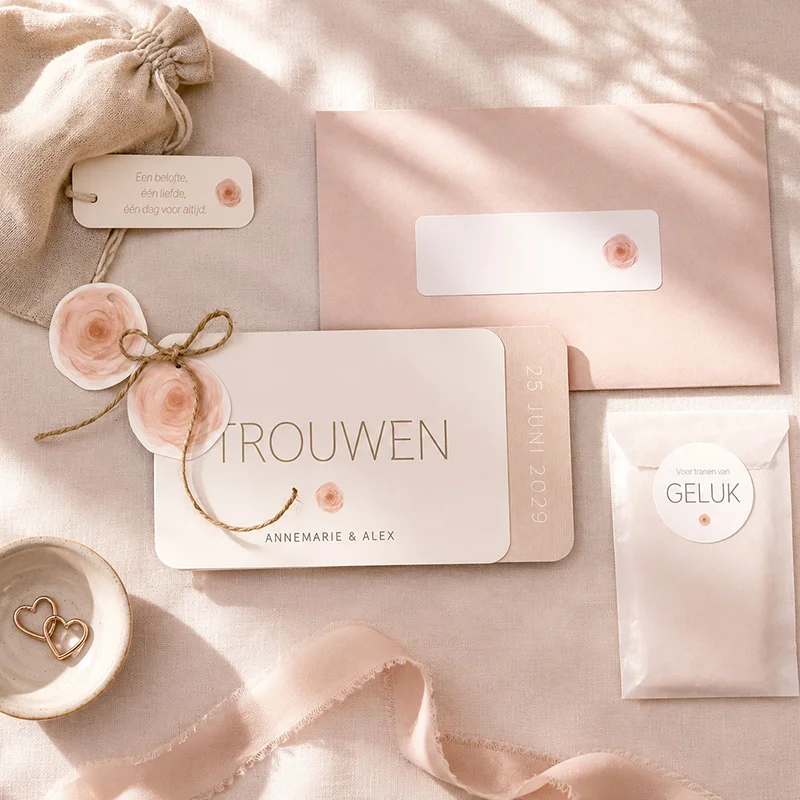 Trouwhuisstijl Dusty Rose met zachte blush tinten en elegante details.