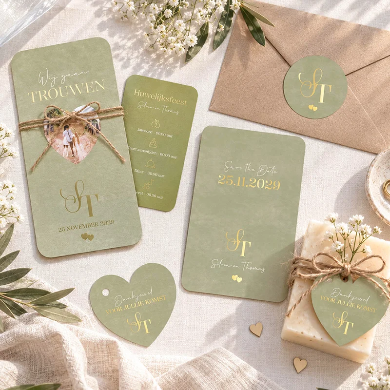 Groene trouwkaarten met goudfolie in complete trouwhuisstijl met uitnodiging, hartlabel en bijpassende stationery