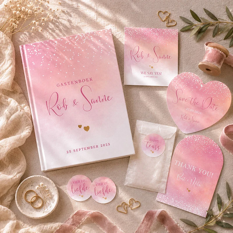 Trouwhuisstijl Romantic Pink met romantische roze tinten.
