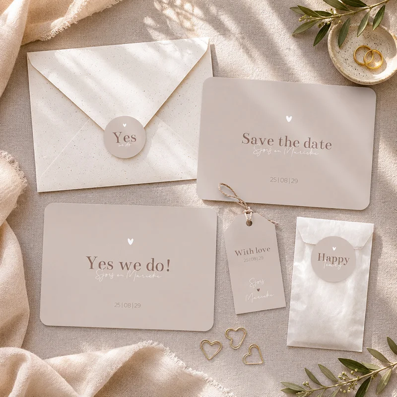 Trouwhuisstijl Soft Mocha met beige save the date kaart, spikkelenvelop, sluitzegel en bijpassend label in rustige taupe tinten