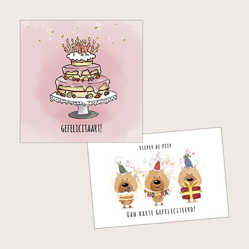 Trendy verjaardagskaarten met een kleurrijke verjaardagstaart en een felicitatie kaart met feestbeesten.